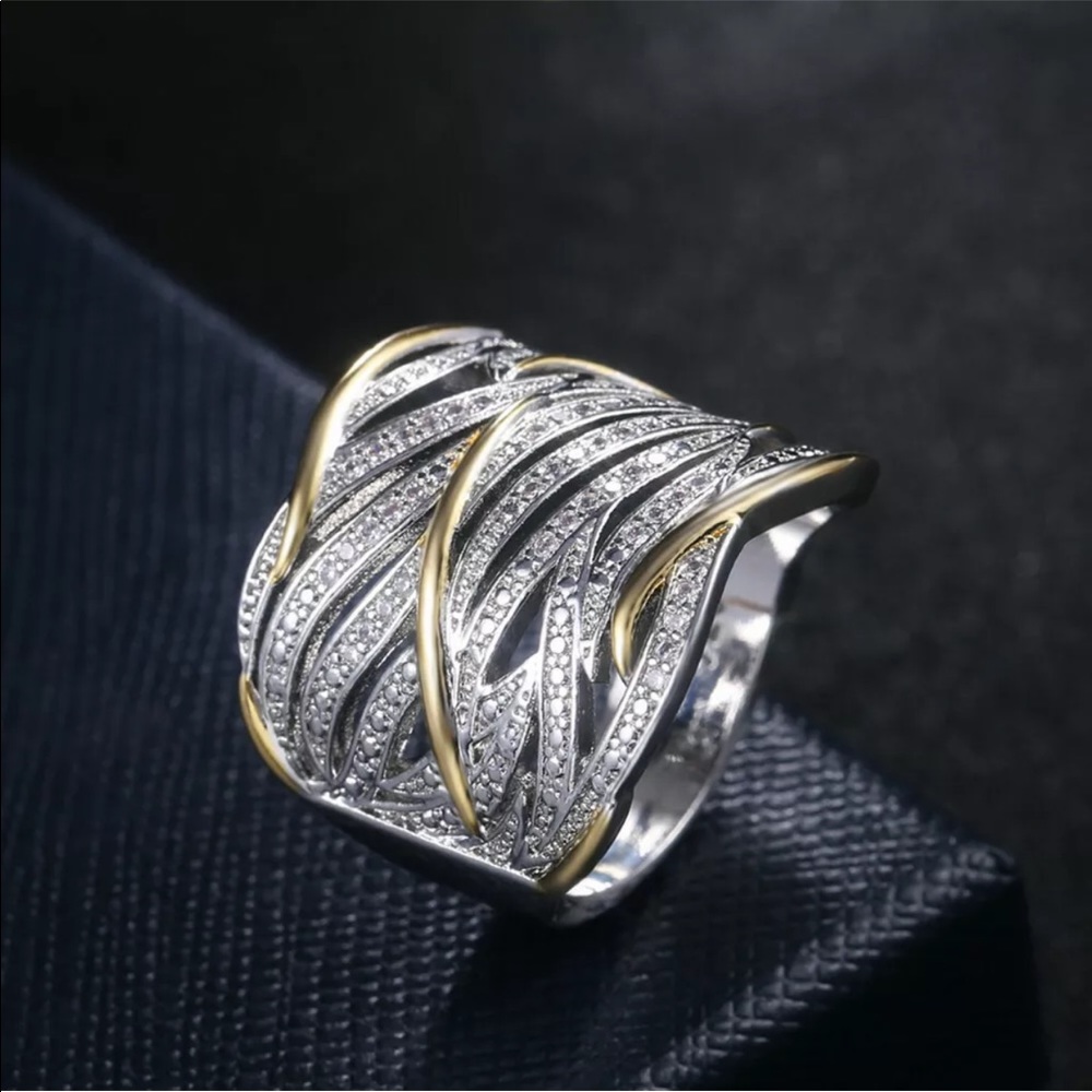 Two-Tone White Sapphire Wide Cocktail Band Highway